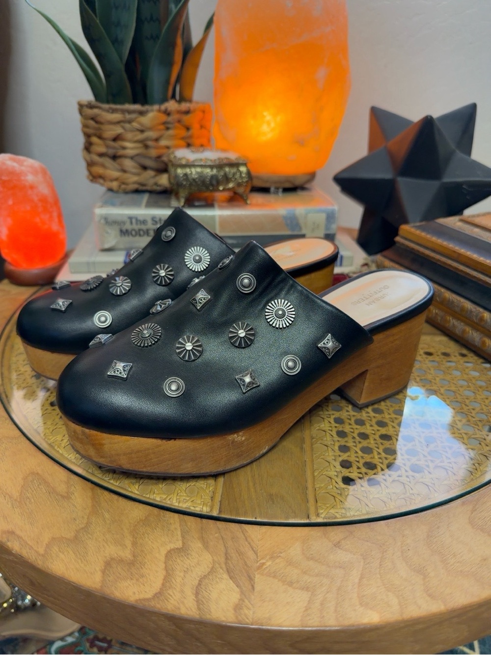 Urban Outfitters Black Studded Platform Clogs Mules 70s Boho